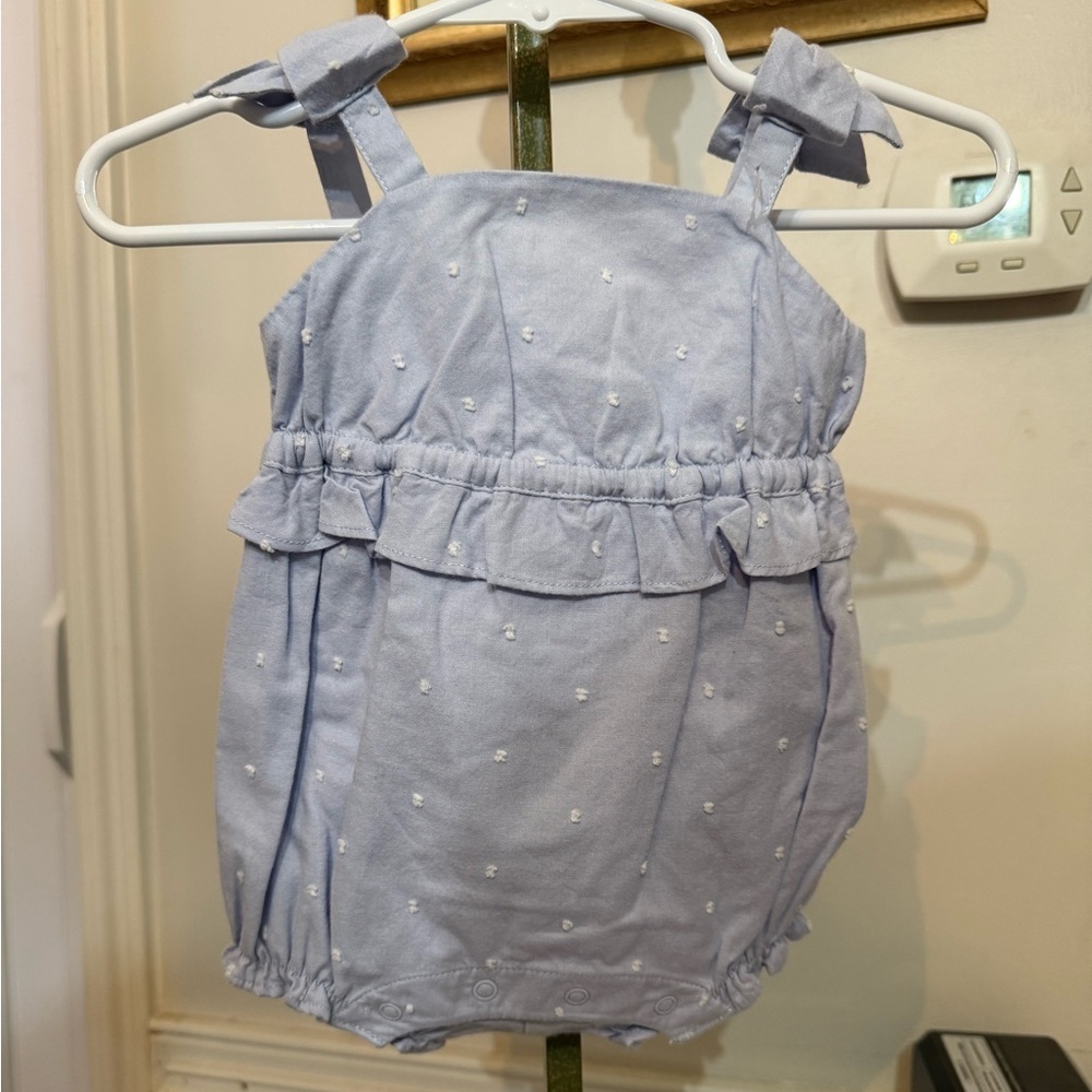Janie and Jack Light Blue Embroidered Tie-Shoulder Baby One-Piece
